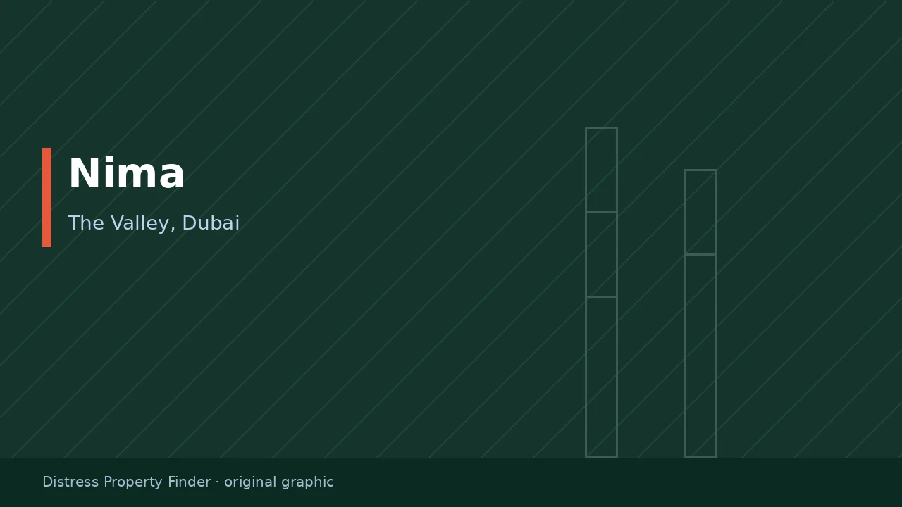 Original DPF graphic showing the word Nima above a The Valley, Dubai subtitle on a calm green background