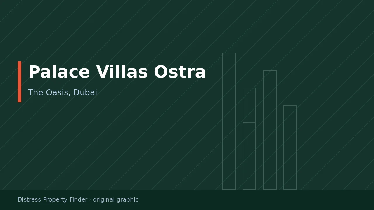 Original DPF graphic with Palace Villas Ostra written above a The Oasis, Dubai subtitle on a deep green background