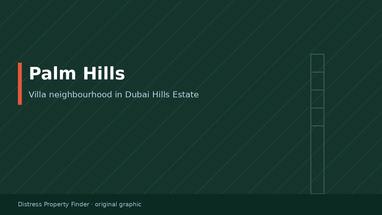 Original DPF graphic with the title Palm Hills above a Dubai Hills Estate community guide subtitle