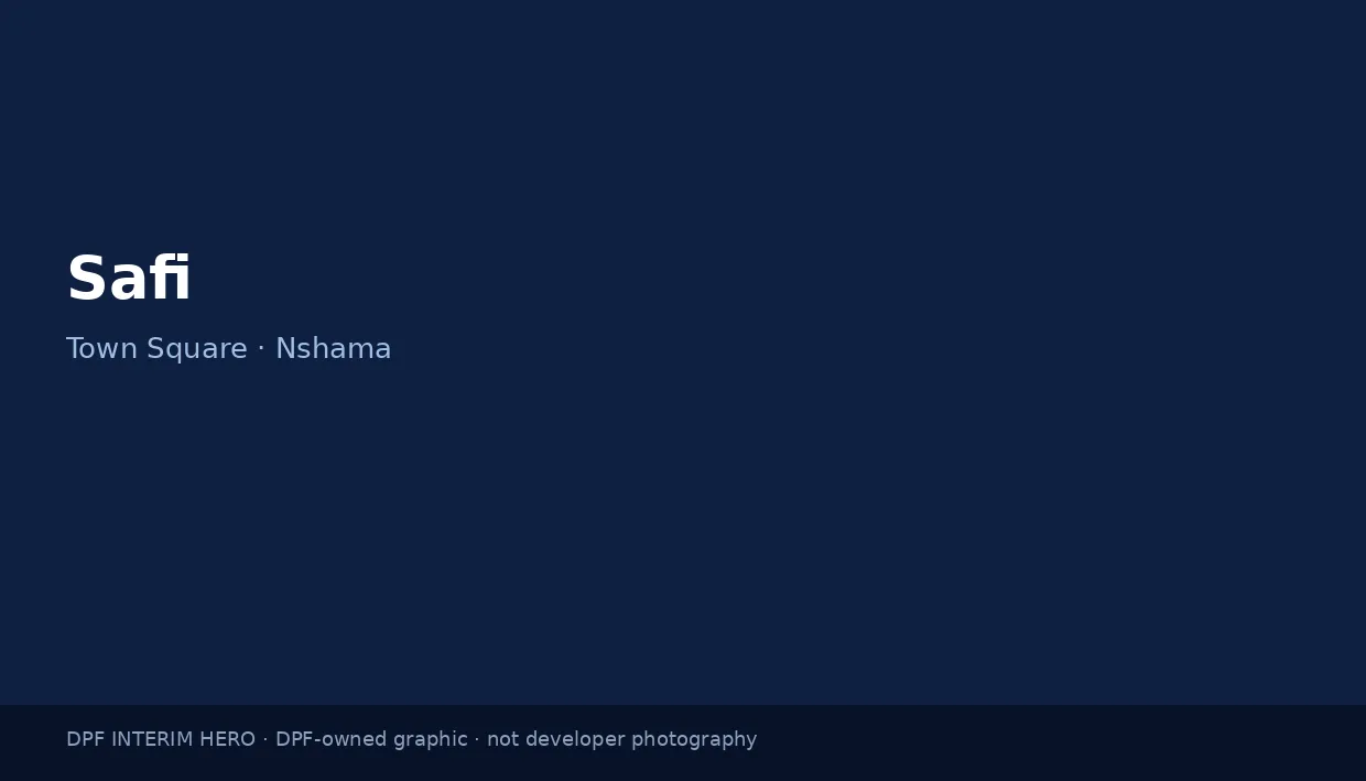 Safi name on a dark blue DPF interim hero graphic