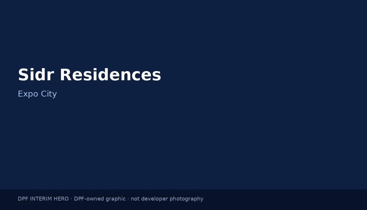 Sidr Residences name on a dark blue DPF interim hero graphic