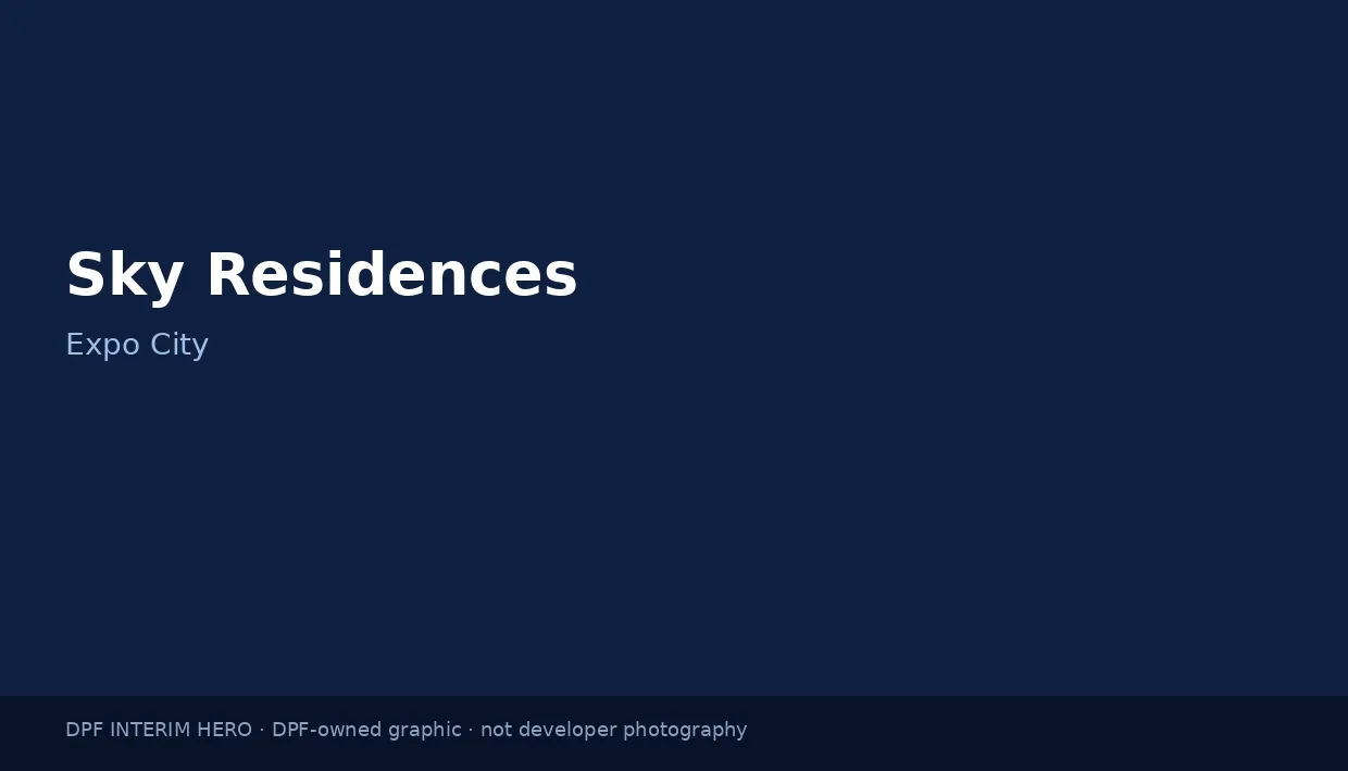 Sky Residences name on a dark blue DPF interim hero graphic