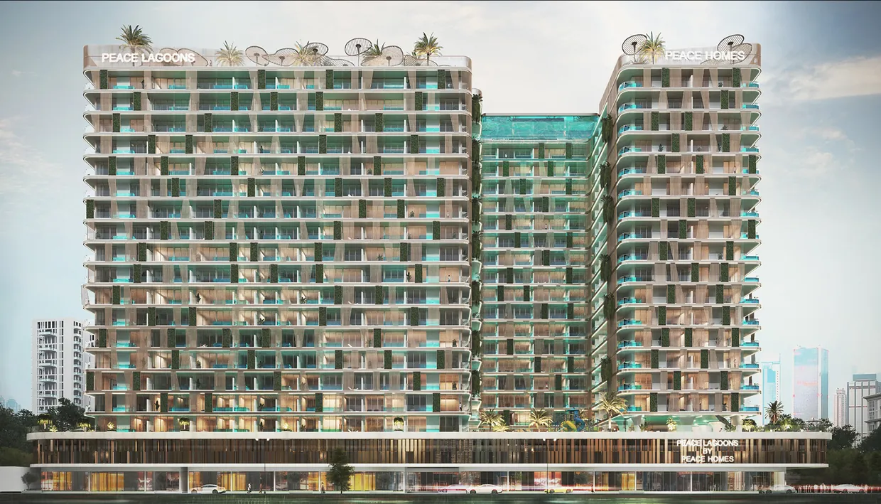Rendering of Peace Lagoons in Dubai Land Residence Complex, developed by Peace Homes Development