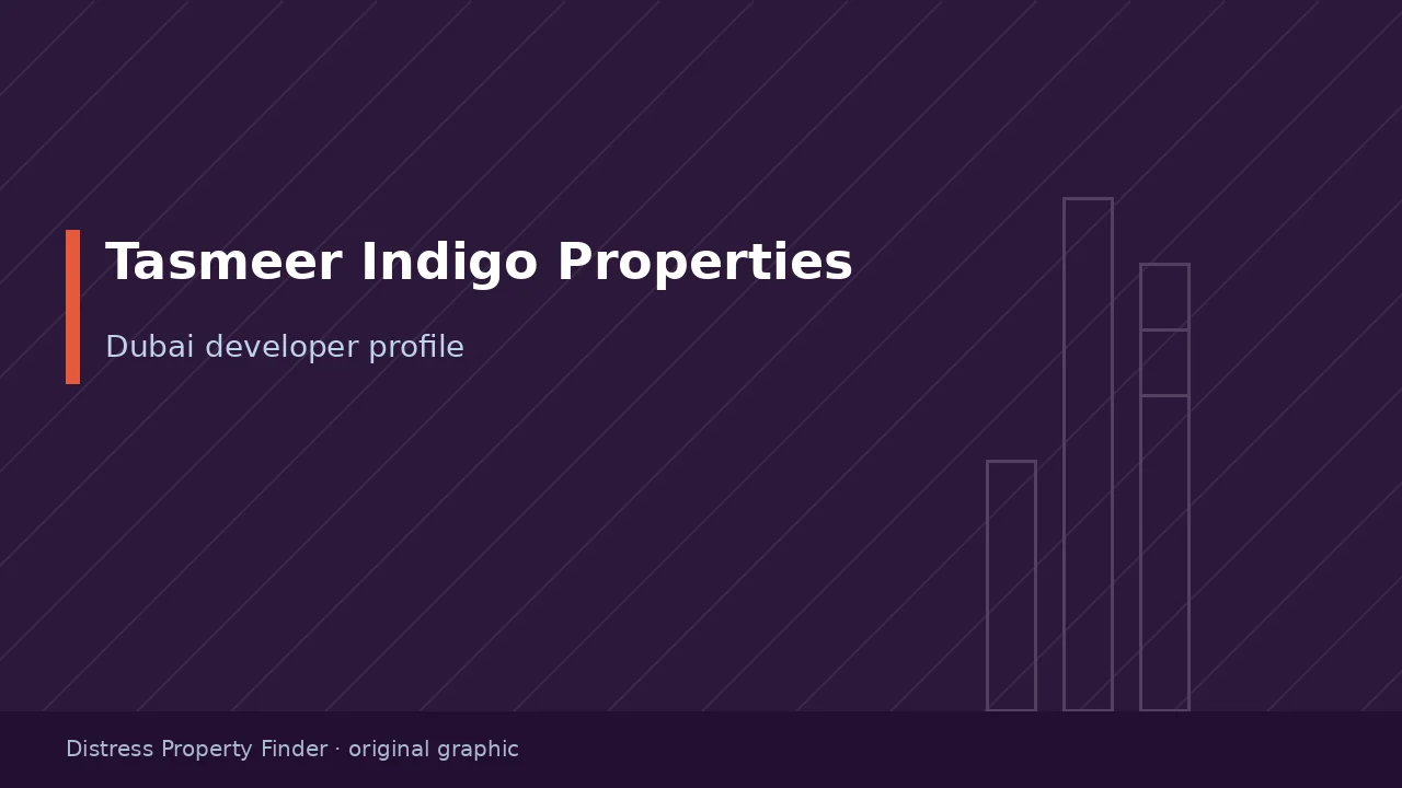 Original DPF graphic showing the words Tasmeer Indigo Properties above a Dubai developer profile subtitle