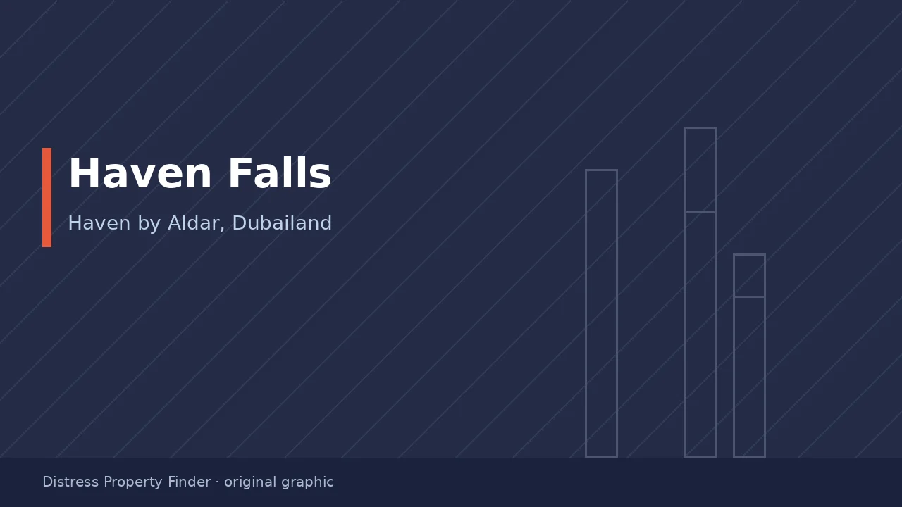 Original DPF graphic with the title Haven Falls above a Haven by Aldar subcommunity subtitle