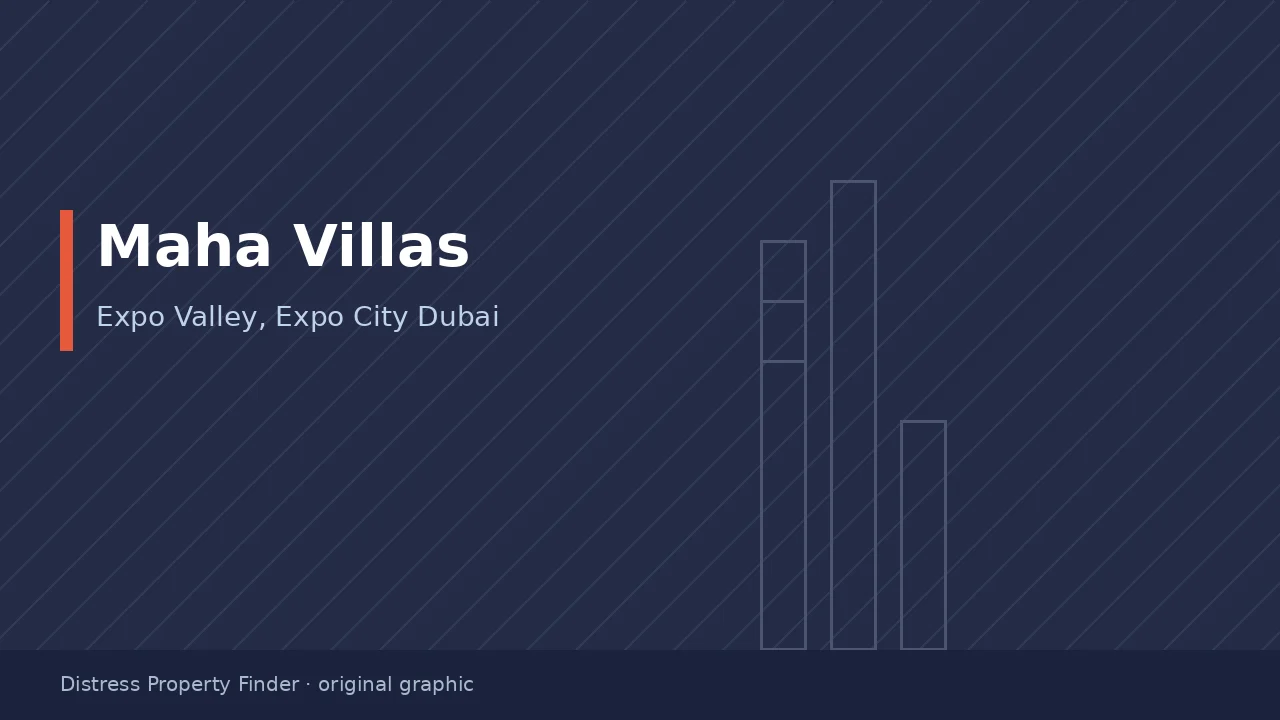 Original DPF graphic with the words Maha Villas above an Expo Valley, Expo City Dubai subtitle on a slate blue background