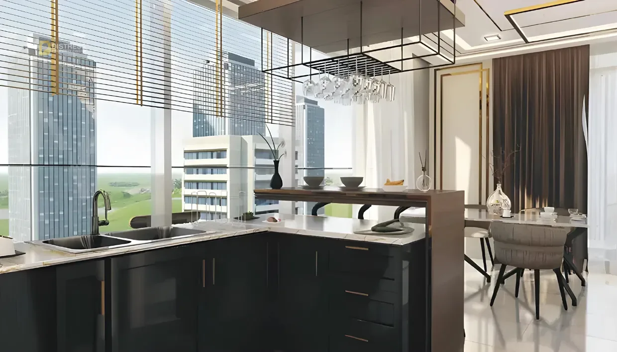3-Bedroom Apartment Samana Waves 2 Jumeirah Village Circle. 2br Distress Deal Kitchen With Building View. 3-Bedroom Apartment Samana Waves 2 Jumeirah Village Circle — 2br Distress Deal Kitchen With Building View